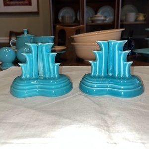 Fiestaware Candle Holder Set - Pyramid Art Deco Turquoise Blue NWOB